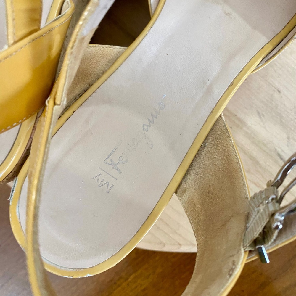 Salvatore Ferragamo Yellow Patent Leather Wedge Sandals Womens 9.5 Italy READ* - Picture 10 of 15